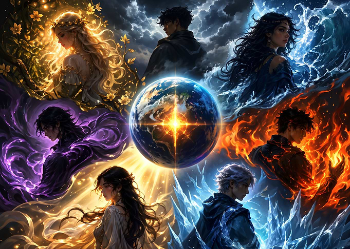 Elemental Guardians Surrounding Planet Earth