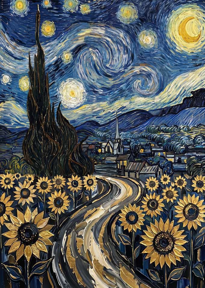 Starry Night Sunflower Field Landscape