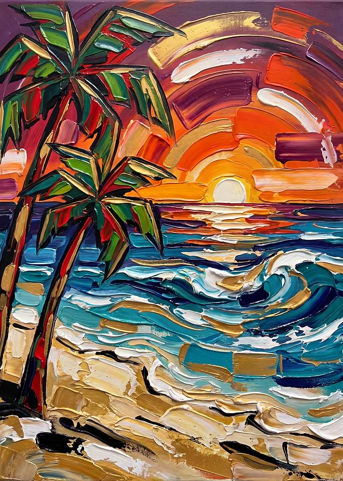 Impasto Oil Painting Tropical Sunset
