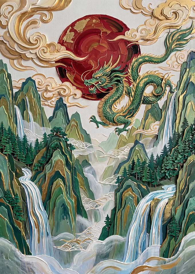 Green Dragon Over Mountain Landscape