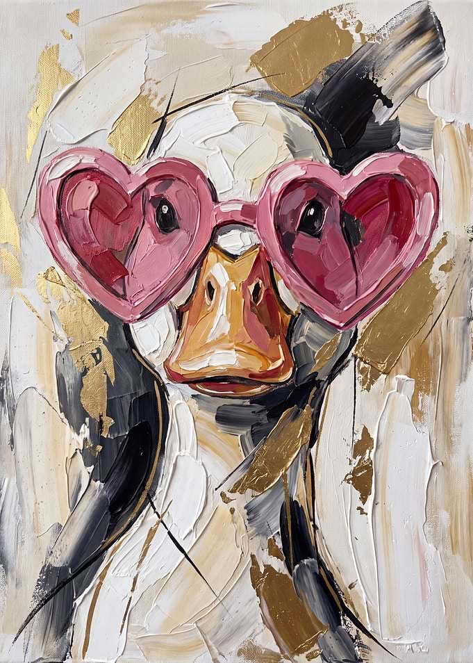 Abstract Oil Painting of Duck with Heart Glasses