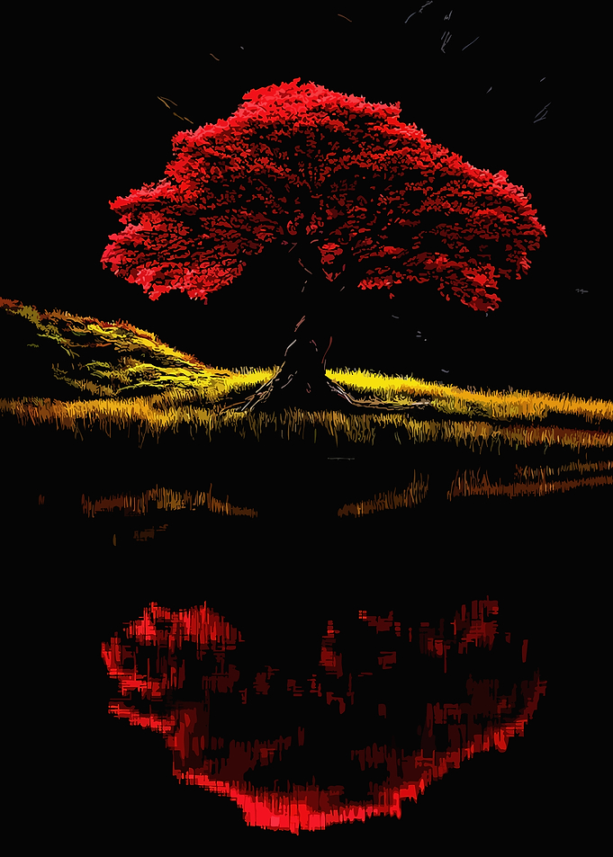 Vibrant Red Tree Reflection Art