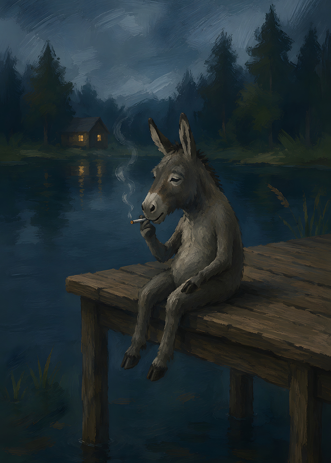 Donkey Smoking on a Wooden Dock