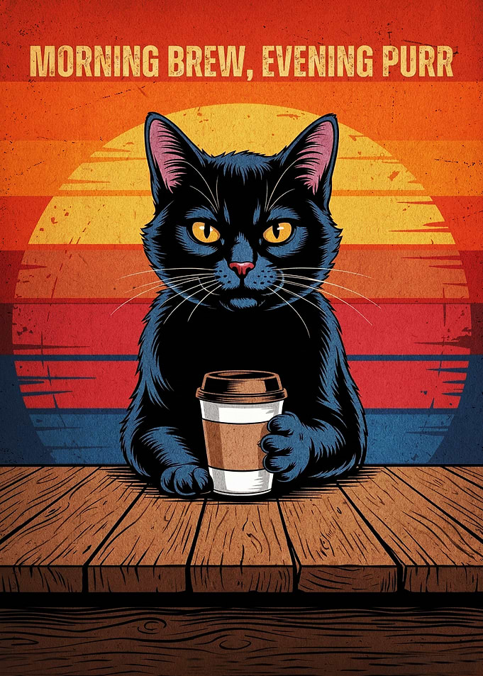 Black Cat With Coffee Retro Poster