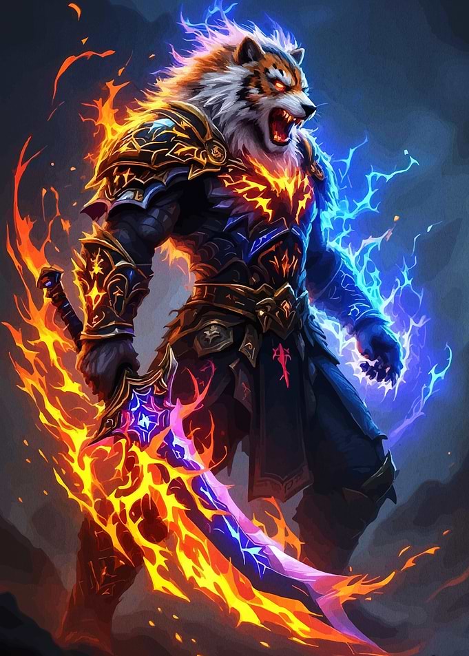 Elemental Tiger Warrior with Flaming Sword