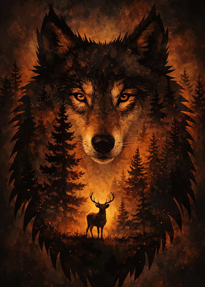Double Exposure Wolf and Deer Forest
