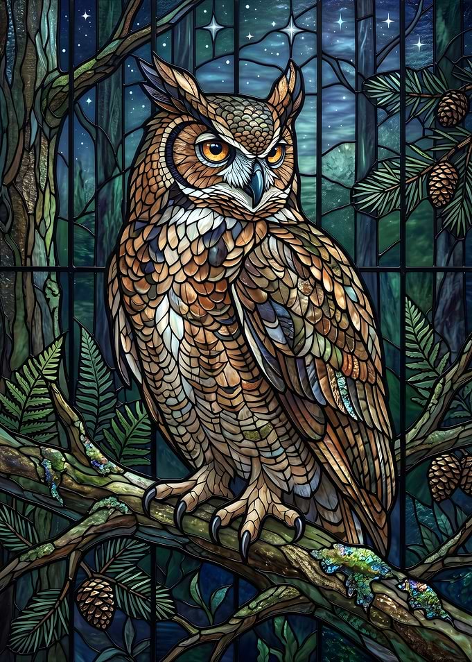 Stained Glass Great Horned Owl