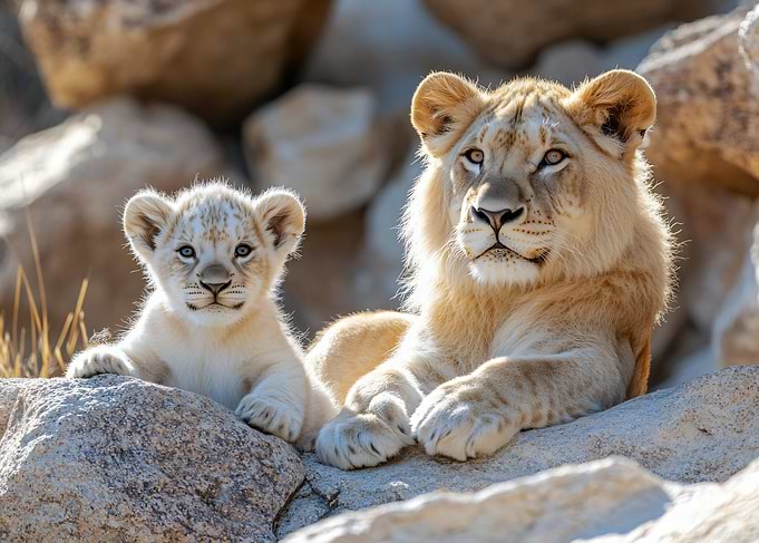 Lioness and Cub Resting on Rocks