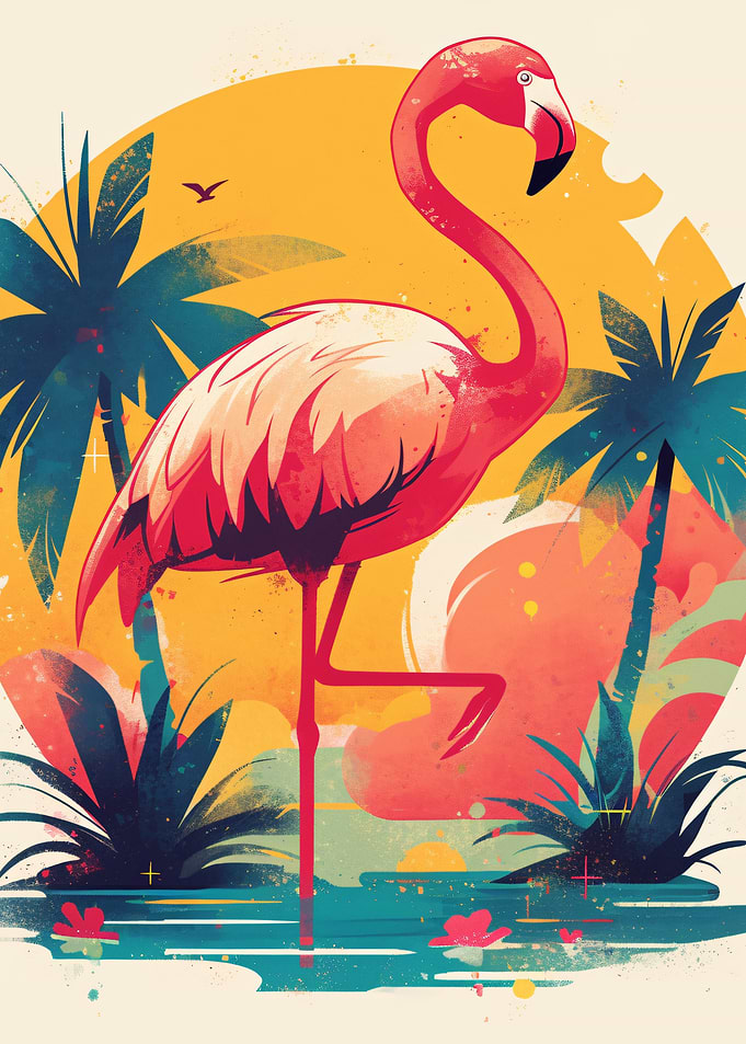 Vibrant Tropical Flamingo Sunset Illustration