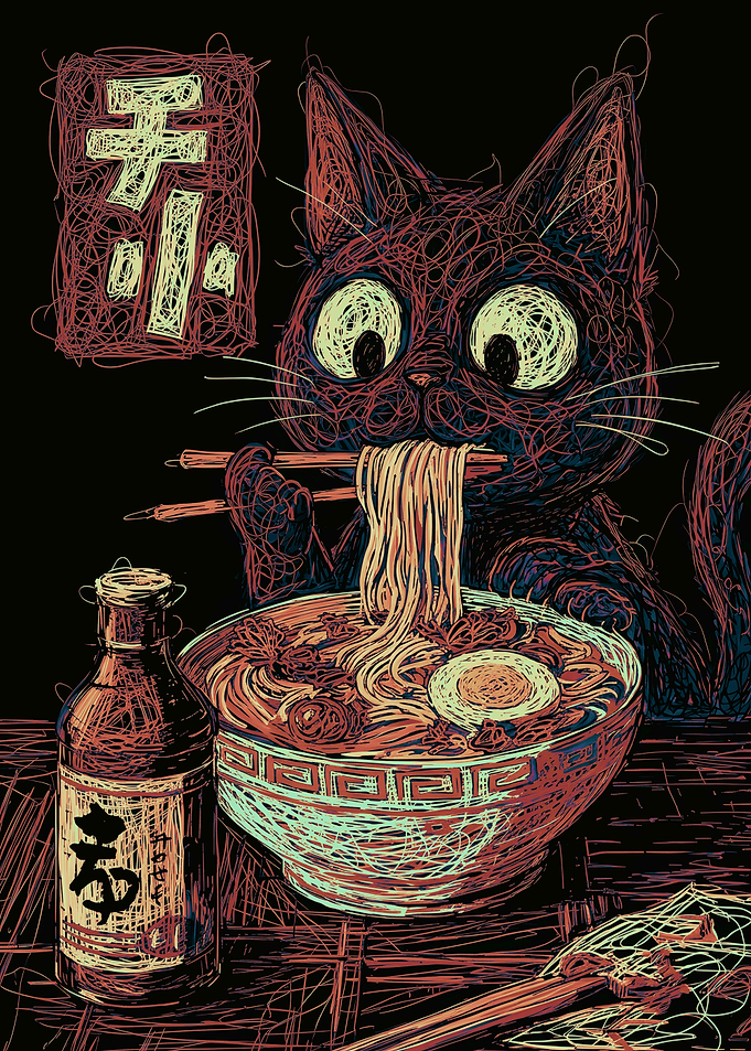 Scribble Art Black Cat Eating Ramen