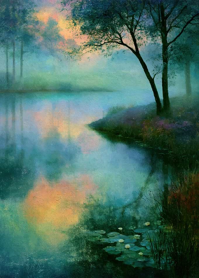 Misty Lake at Sunset Painting