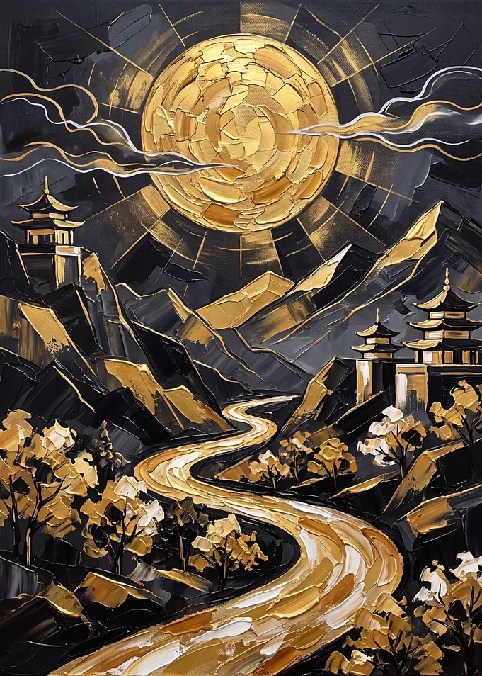 Golden Pagoda Landscape Oil Painting
