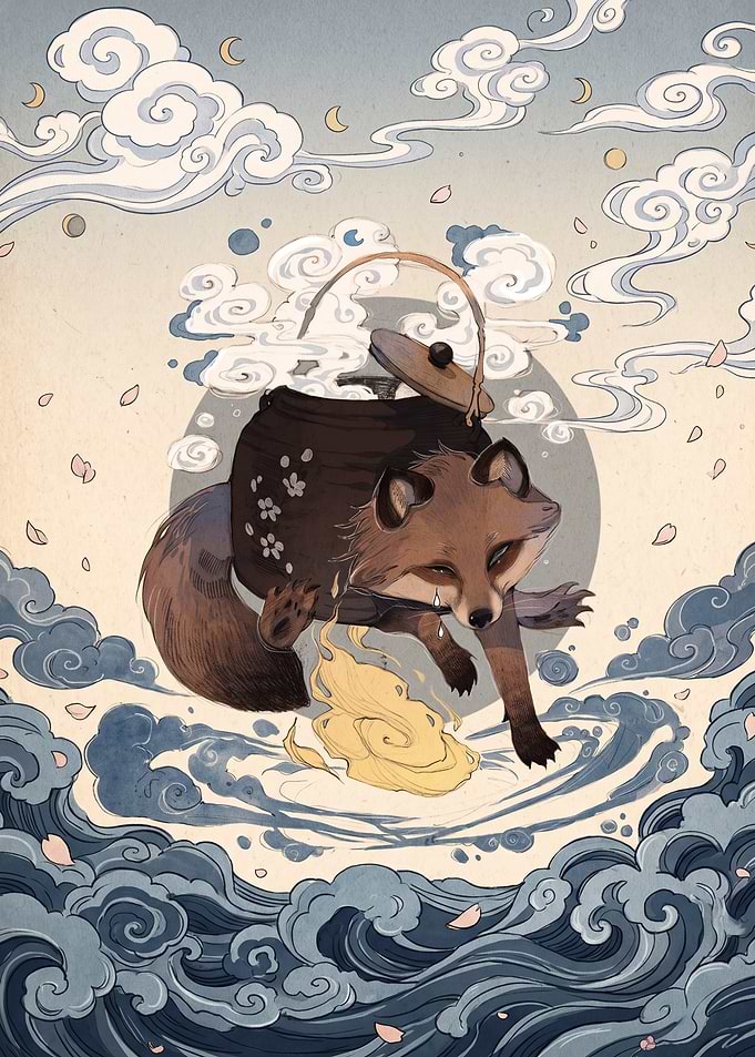 Tanuki Tea Kettle Folklore Illustration