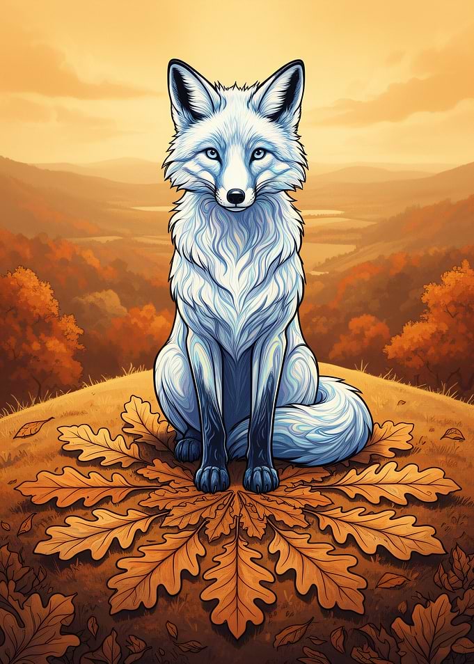 White Fox Sitting on Autumn Leaves
