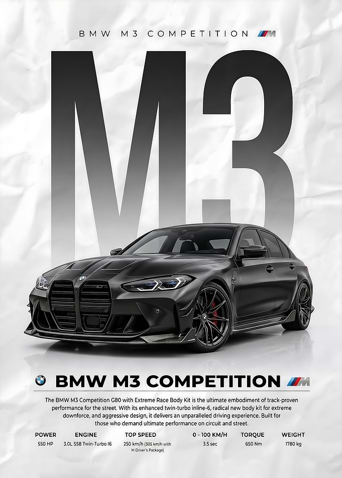 sleek black BMW M3 Competition G80 Poster