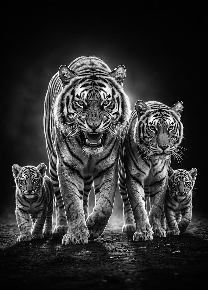 Tiger Family Walking Together black and white poster