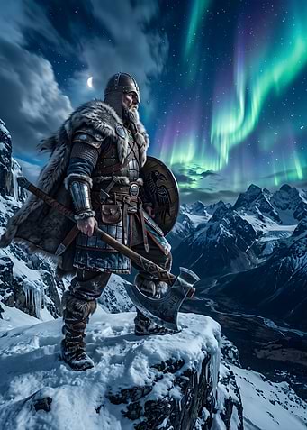 Viking Warrior Under Northern Lights