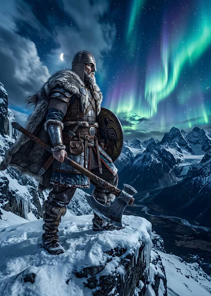 Viking Warrior Under Northern Lights