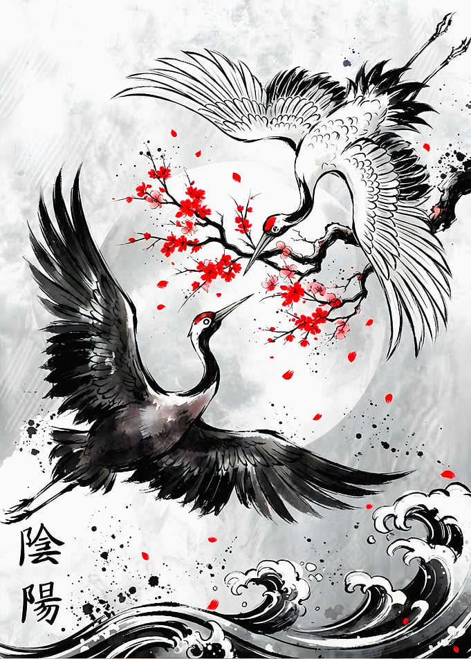 Yin Yang Cranes and Cherry Blossoms