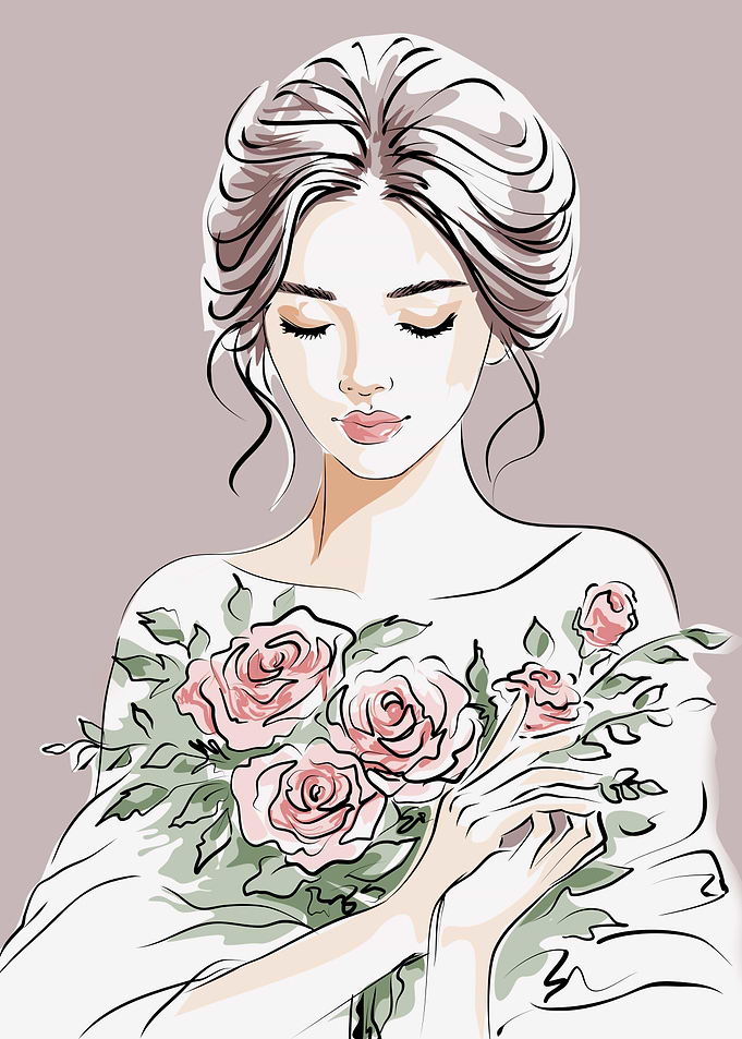 Elegant Woman Holding Pink Roses Illustration