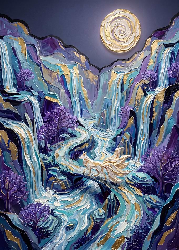 Nine-Tailed Fox in Mystical Landscape
