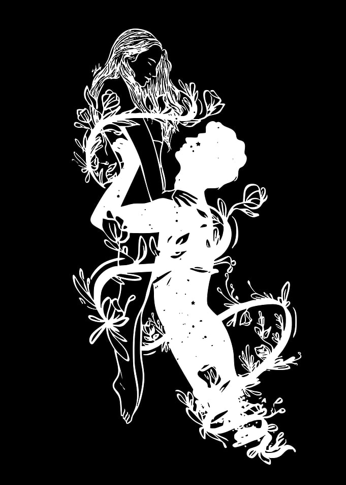 Celestial Lovers Entwined with Floral Vines