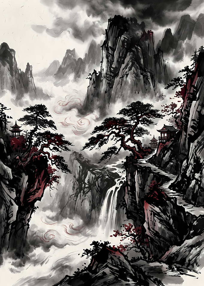 Traditional Ink Wash Mountain Landscape