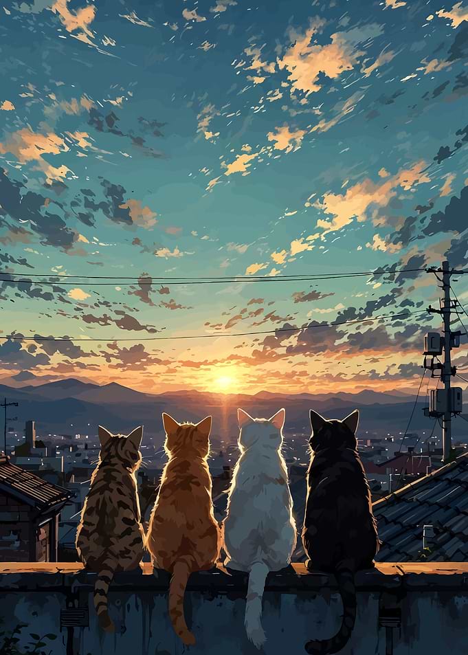 Four Cats Watching Sunset Over City