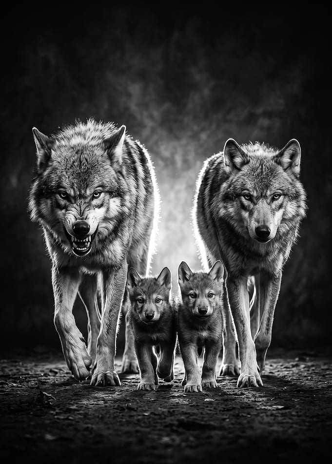 Wolf Family Pack Walking Forward black and white poster
