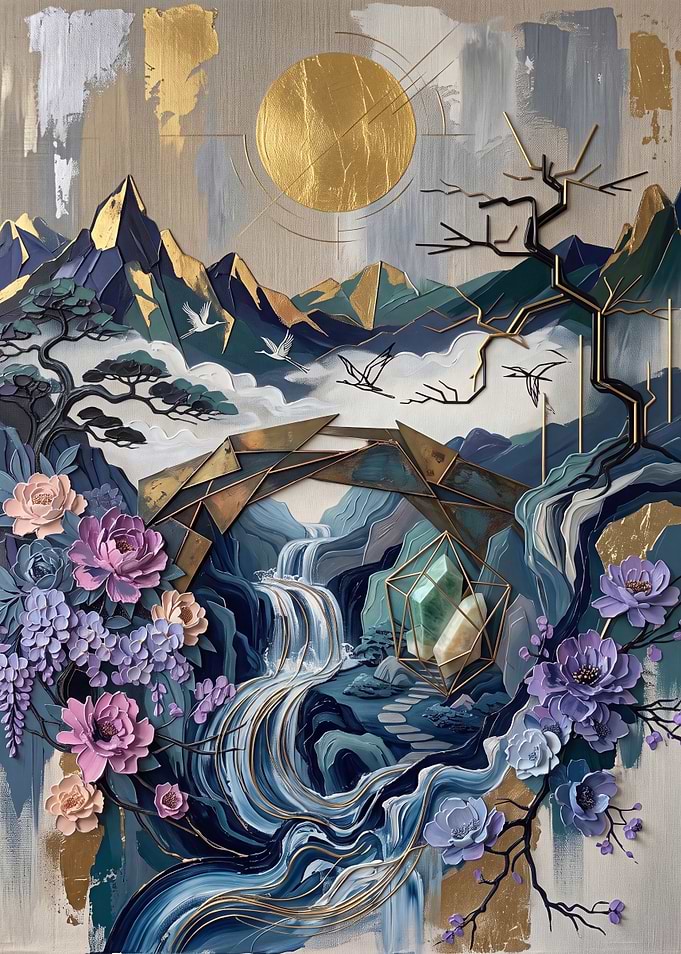 Abstract Japanese Landscape with Gold Accents