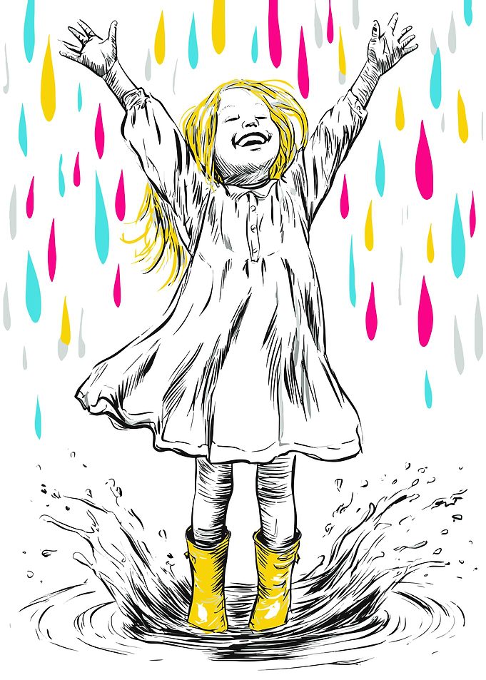 Happy Girl Jumping in Rain Puddle
