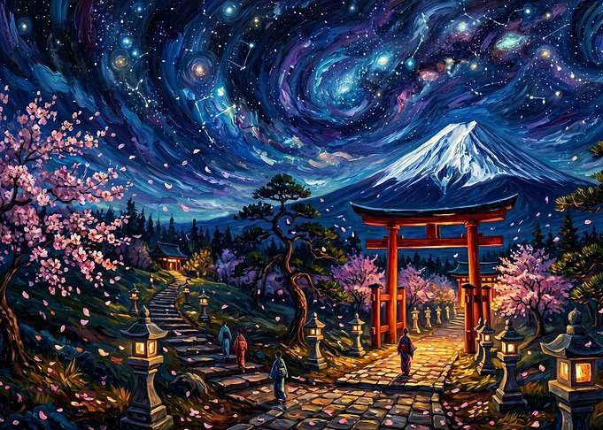 Mount Fuji Under Starry Night Sky