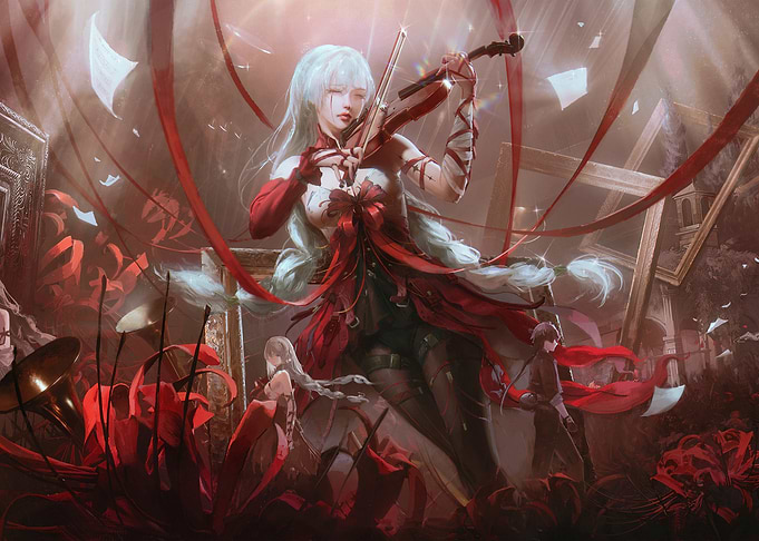 Anime Girl Playing Violin in Red