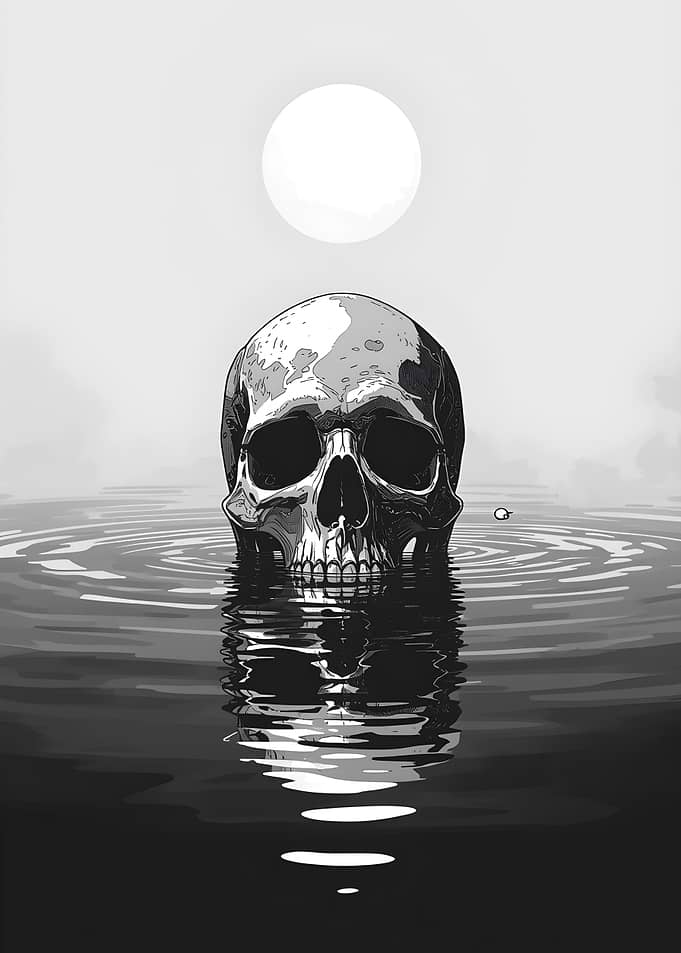 Moonlit Skull Rising from Water - Monochrome Gothic Illustration