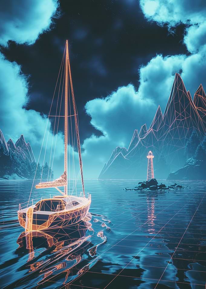 Neon Wireframe Sailboat at Sea 1980s synthwave retro-futuristic landscape poster