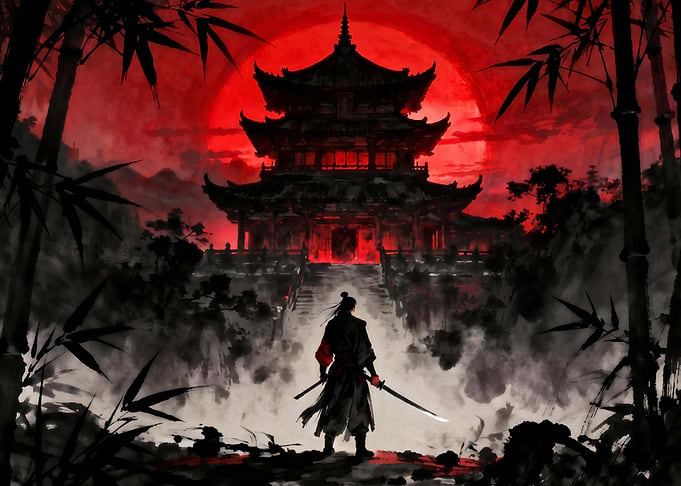 Samurai Facing a Red Temple