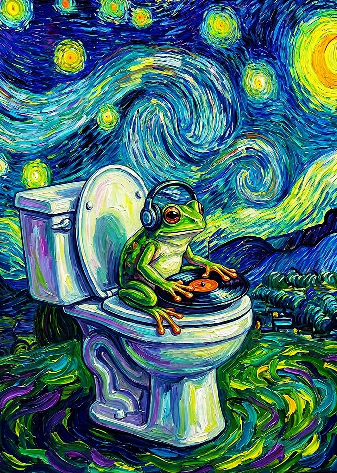 Frog DJ on Toilet Starry Night