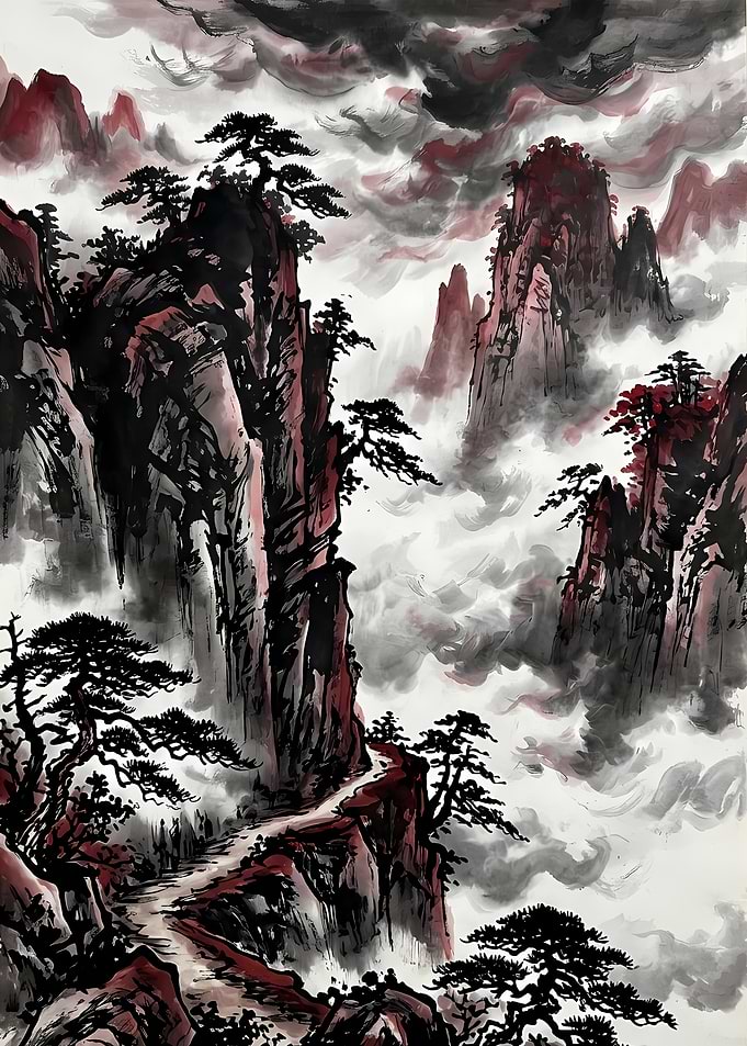 Traditional Chinese Ink Wash Mountain Landscape