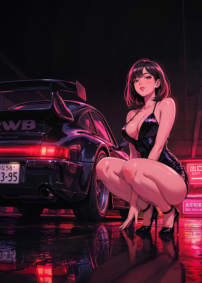 Anime cute Girl with black RWB sport car poster
