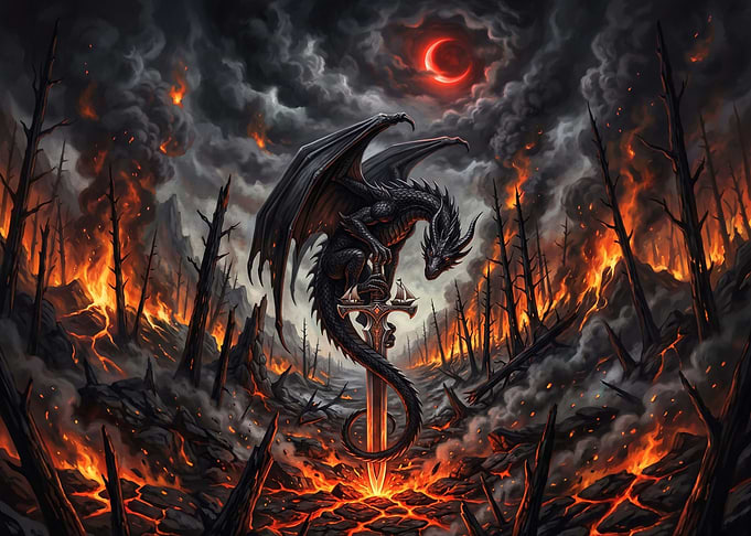 Black Dragon Perched on Flaming Sword