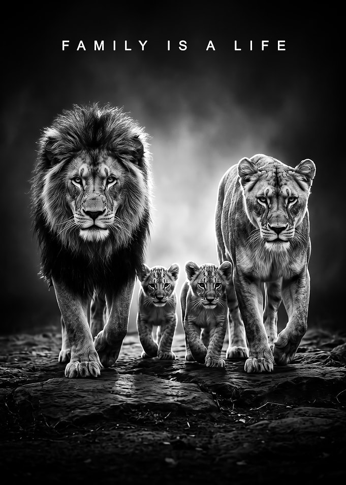 A powerful Lion Family Walking Together black and white