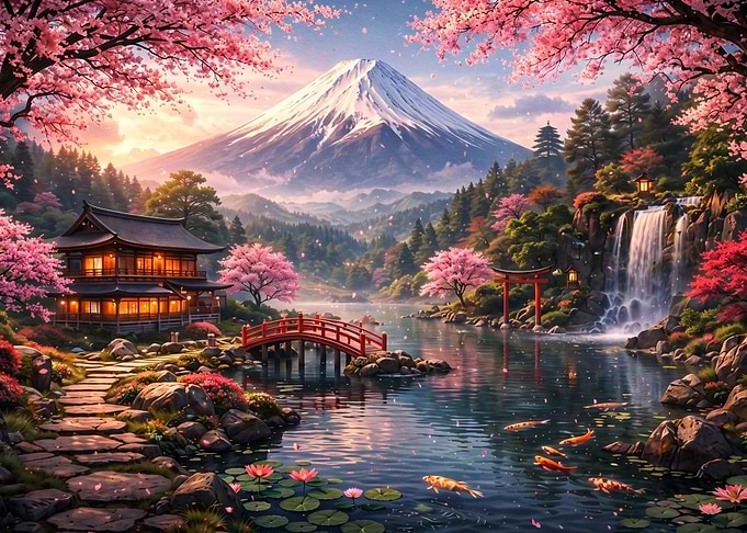 Mount Fuji and Traditional Japanese Garden