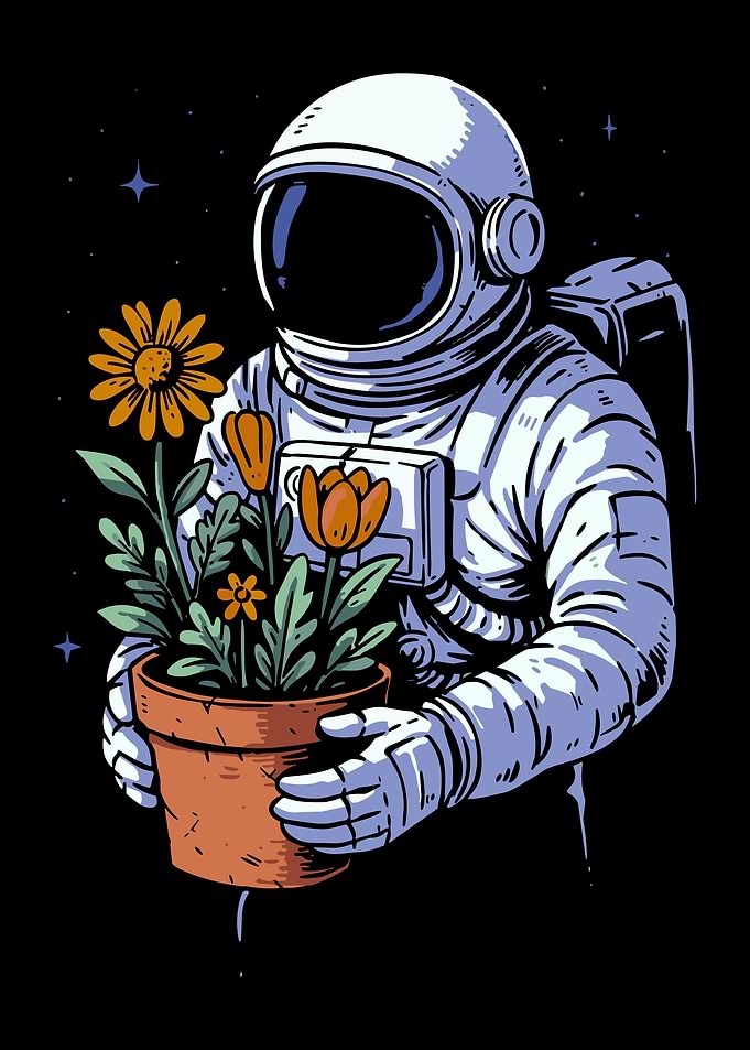 Astronaut Holding Flowers Poster | Whimsical Space Botanical Wall Art Illustration