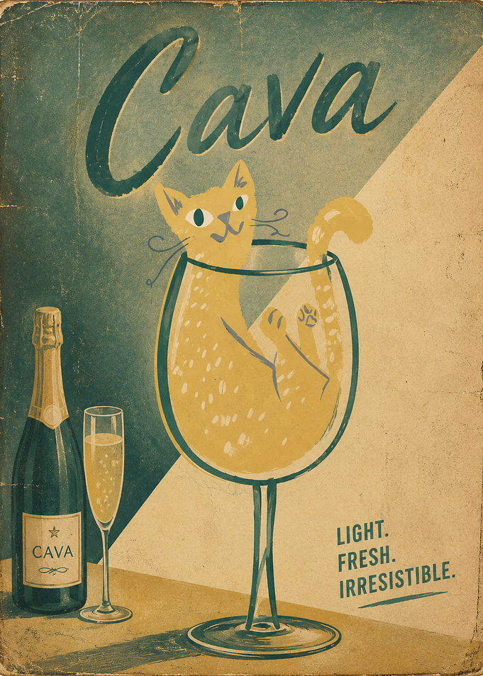 Vintage Cava Cat Wine Poster