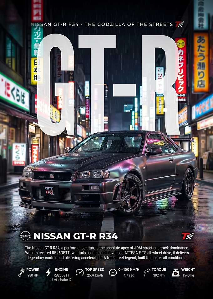 sleek Nissan GT-R R34 Street Legend Poster