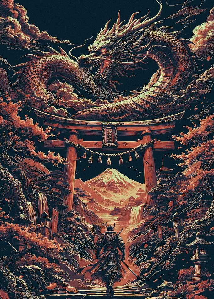 Samurai Facing Dragon at Torii Gate