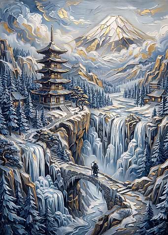 Winter Mountain Temple Landscape