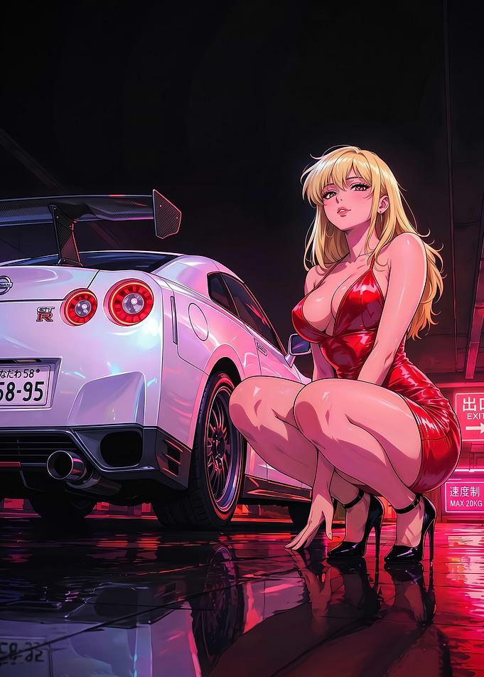 Anime Blonde Woman with Nissan GT-R r35 poster