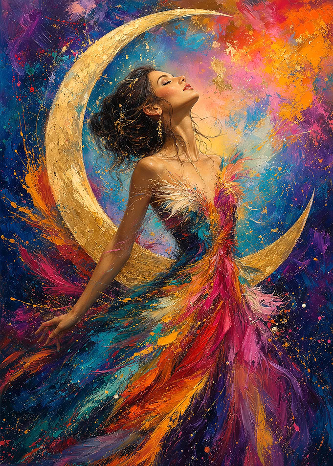 Ethereal Woman with Golden Crescent Moon