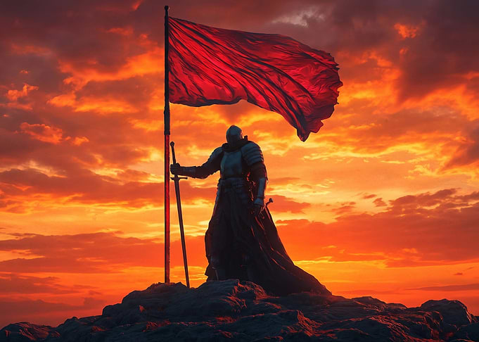 Knight Holding Flag at Sunset